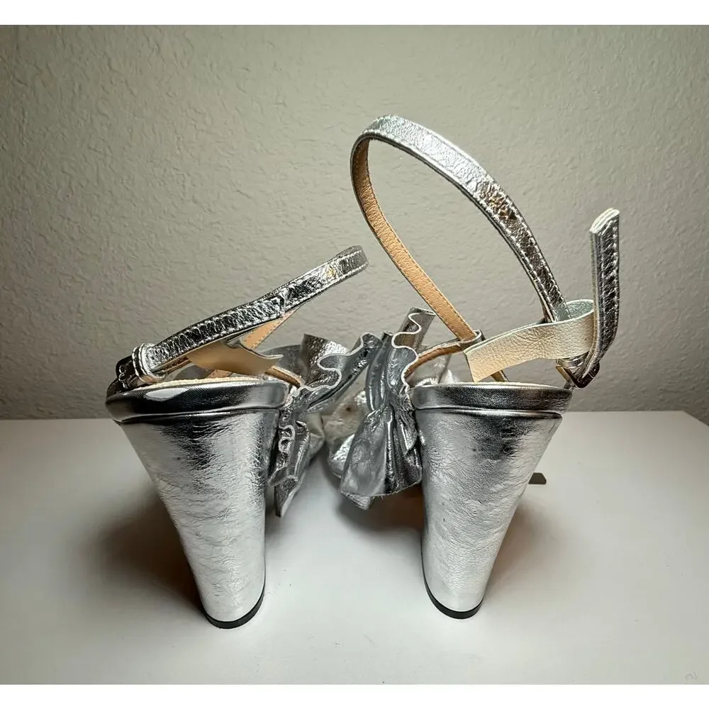 NWT Sergio Rossi Metallic Crinkled Leather Strappy Heel Silver 35-35.5 / US 5